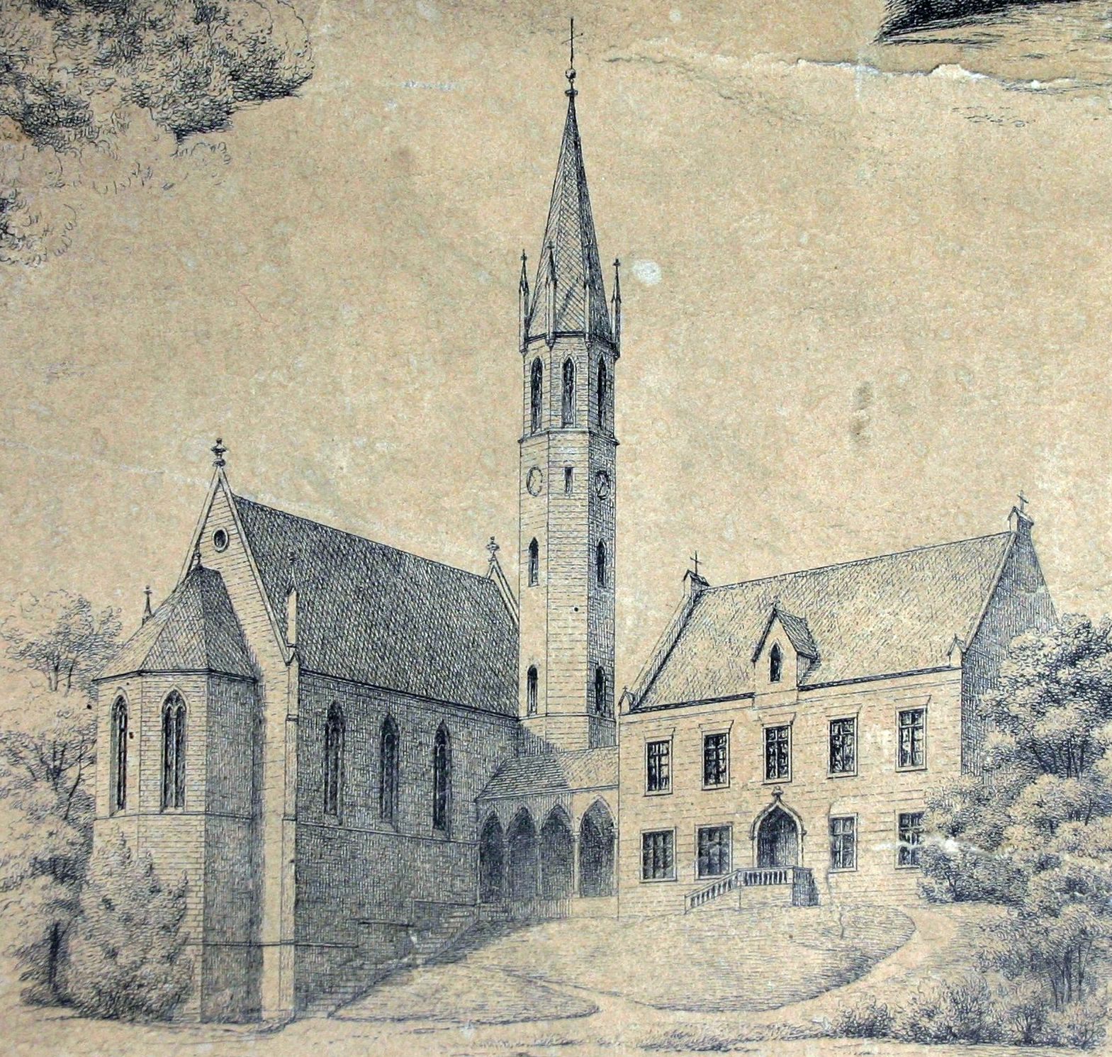 Ev. Kirche in Sigmaringen mit Pfarrhaus 1863, Ausschnitt (Vorlage: Staatsarchiv Sigmaringen K XXIX/4)