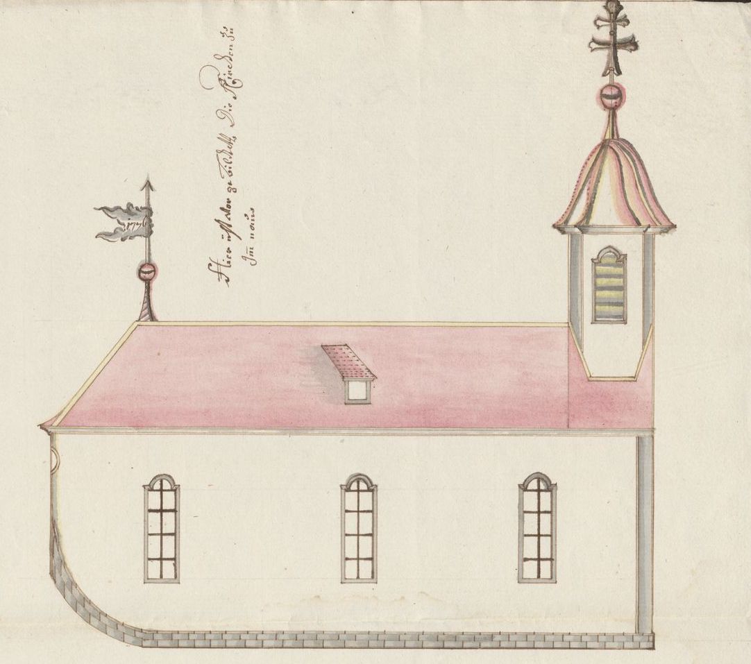 Aufriss als Entwurf für den geplanten Neubau der Kirche St. Jakobus in Bad Imnau von Christian Großbayer, 1778 (Staatsarchiv Sigmaringen Ho 177 T 4 Nr. 495)