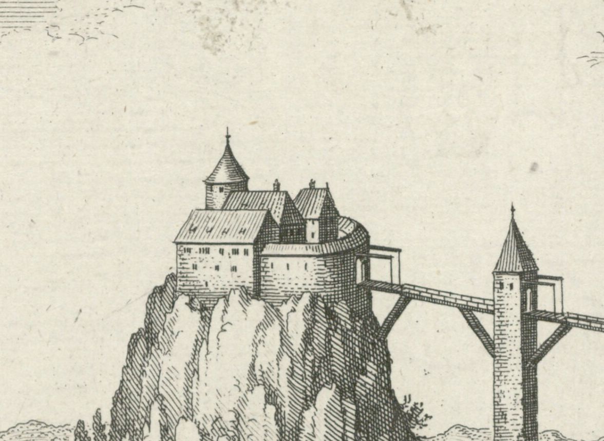 Phantasiedarstellung der Burg Wildenstein in Merians Topographia Sueviae von 1643, Ausschnitt; Vorlage: Wikipedia (https://upload.wikimedia.org/wikipedia/commons/0/0a/Wildenstein-Merian.jpg). 

