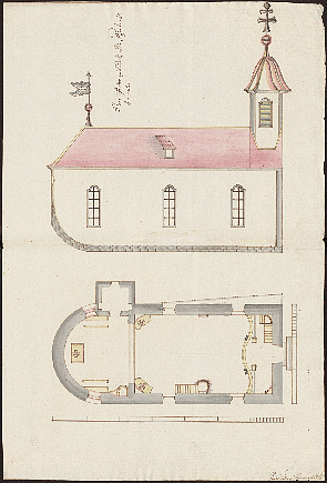 Grund- und Aufriss als Entwurf für den geplanten Neubau der Kirche St. Jakobus in Bad Imnau von Christian Großbayer, 1778 (Staatsarchiv Sigmaringen Ho 177 T 4 Nr. 495)