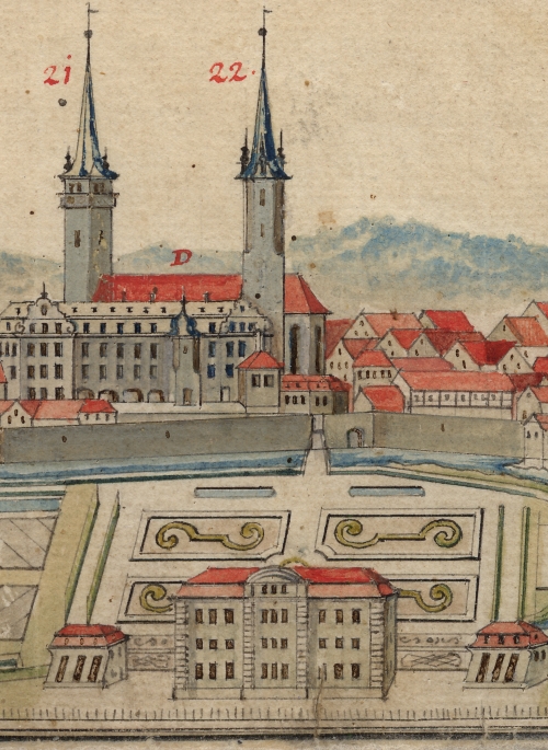 Hoftheatergeb�ude 1774, Ausschnitt aus dem Plan von �hringen, gezeichnet von Johann Peter Schillinger   <