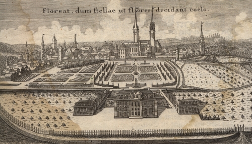 Ansicht von �hringen mit Schloss und Hofgartengeb�uden, 1749