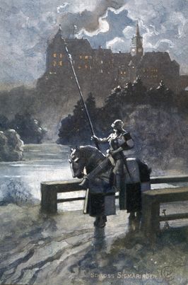 Ritter vor dem Schloss Sigmaringen und der Donau, um 1908 (Signatur: Staatsarchiv Sigmaringen N 1/78 T 1 Nr. 29) 