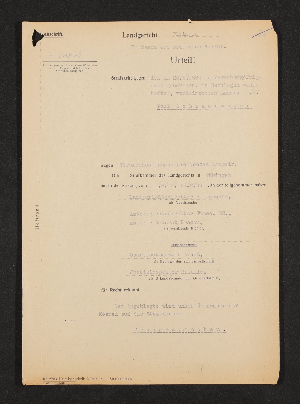 Urteil des Landgerichts Tübingen gegen den ehemaligen Hechinger Landrat  Paul Schraermeyer von 1948. Vorlage: Staatsarchiv Sigmaringen Ho 400 T 2 Nr. 576