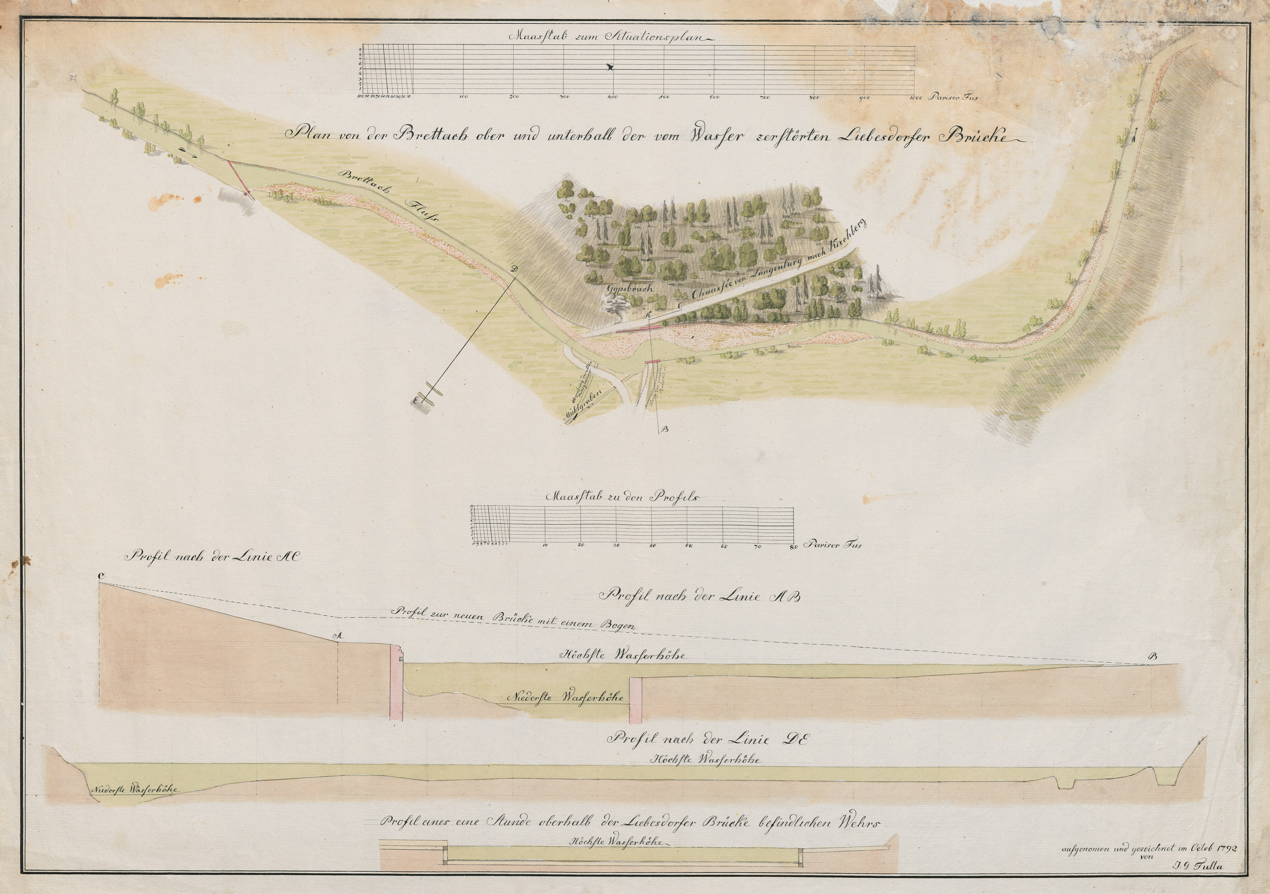 Neubau einer durch Hochwasser zerstörten Brücke bei Liebesdorf bei Langenburg durch Johann Gottfried Tulla, 1792