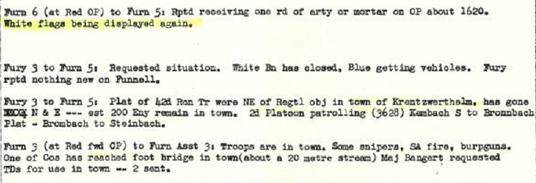 Funkprotokoll der Amerikaner vom 1. April 1945: „White flags being displayed again.“ (Vorlage: StAWt-S N 63 Nr. 15) 
