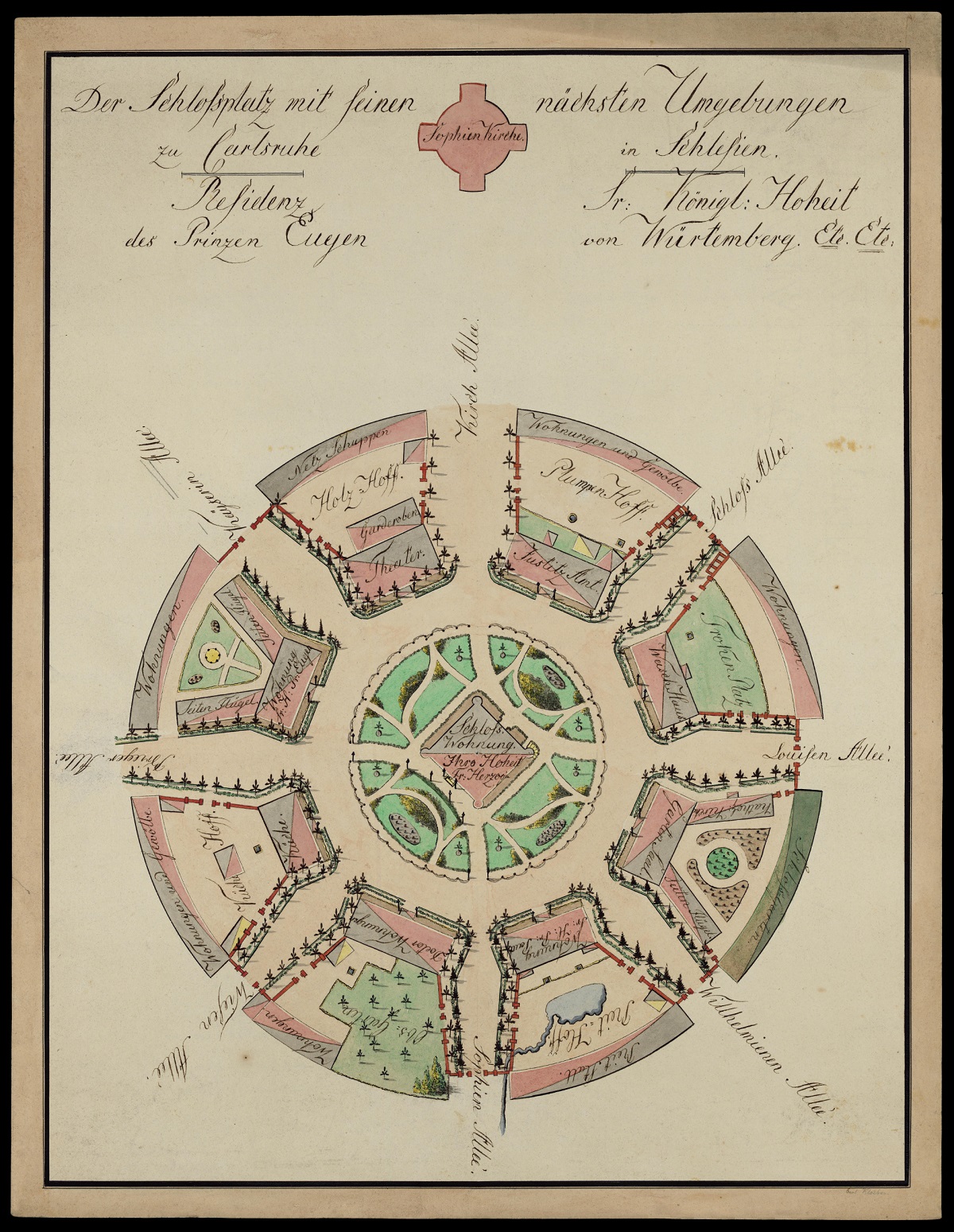 Strahlenanlage von Schloss Carlsruhe, Grundriss, 1823 