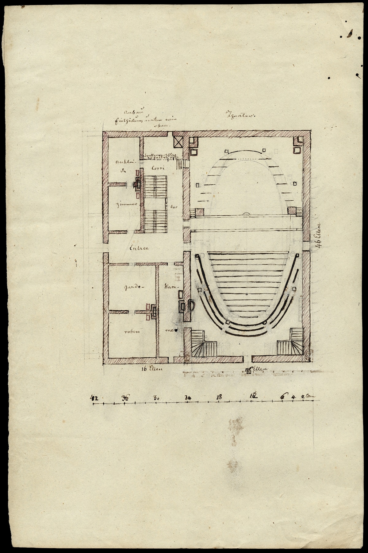 Theater für Schloss Carlsruhe, Grund- und Aufriss, 19. Jahrhundert