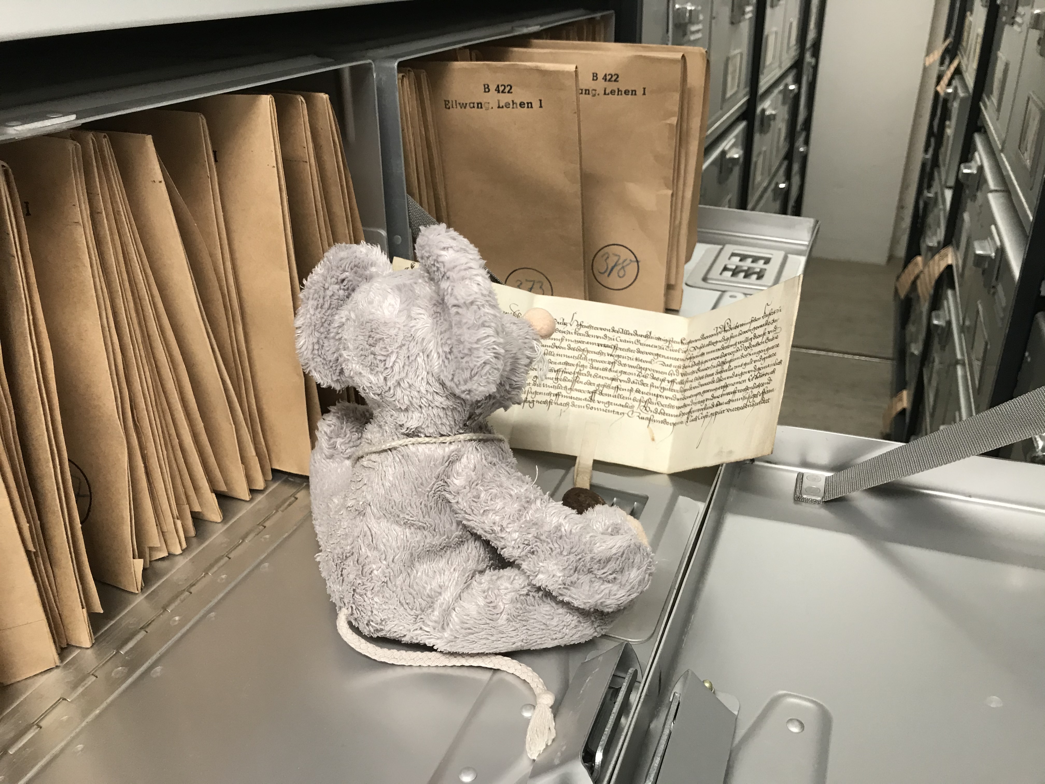 Archi Archivmaus beim Lesen einer mittelalterlichen Urkunde