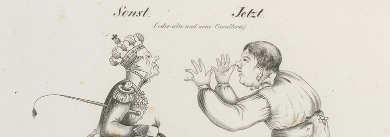 Karikatur von 1848 (Radierung). Oben mittig die Worte: Sonst. Jetzt. (oder alte und neue Cavallerie.). Bildinhalt: Auf der linken Seite wird der deutsche Michel mit gefesselten Händen auf dem Rücken als kräftiges Reitpferd der Fürsten dargestellt. Die rechte Seite zeigt die Umkehrung der Verhältnisse: Der Michel reitet, eine lange Nase dem linken Bild drehend, auf einem um Gnade bittenden Fürsten.