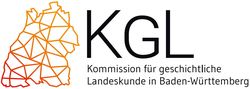 Links eine stilisierte Darstellung von Baden-Württemberg (mit Farbverlauf von Rot zu Orange von links unten nach rechts oben). Rechts davon in Schwarz groß KGL, darunter in kleinerer Schrift die Worte: Kommission für geschichtliche Landeskunde in Baden-Württemberg.