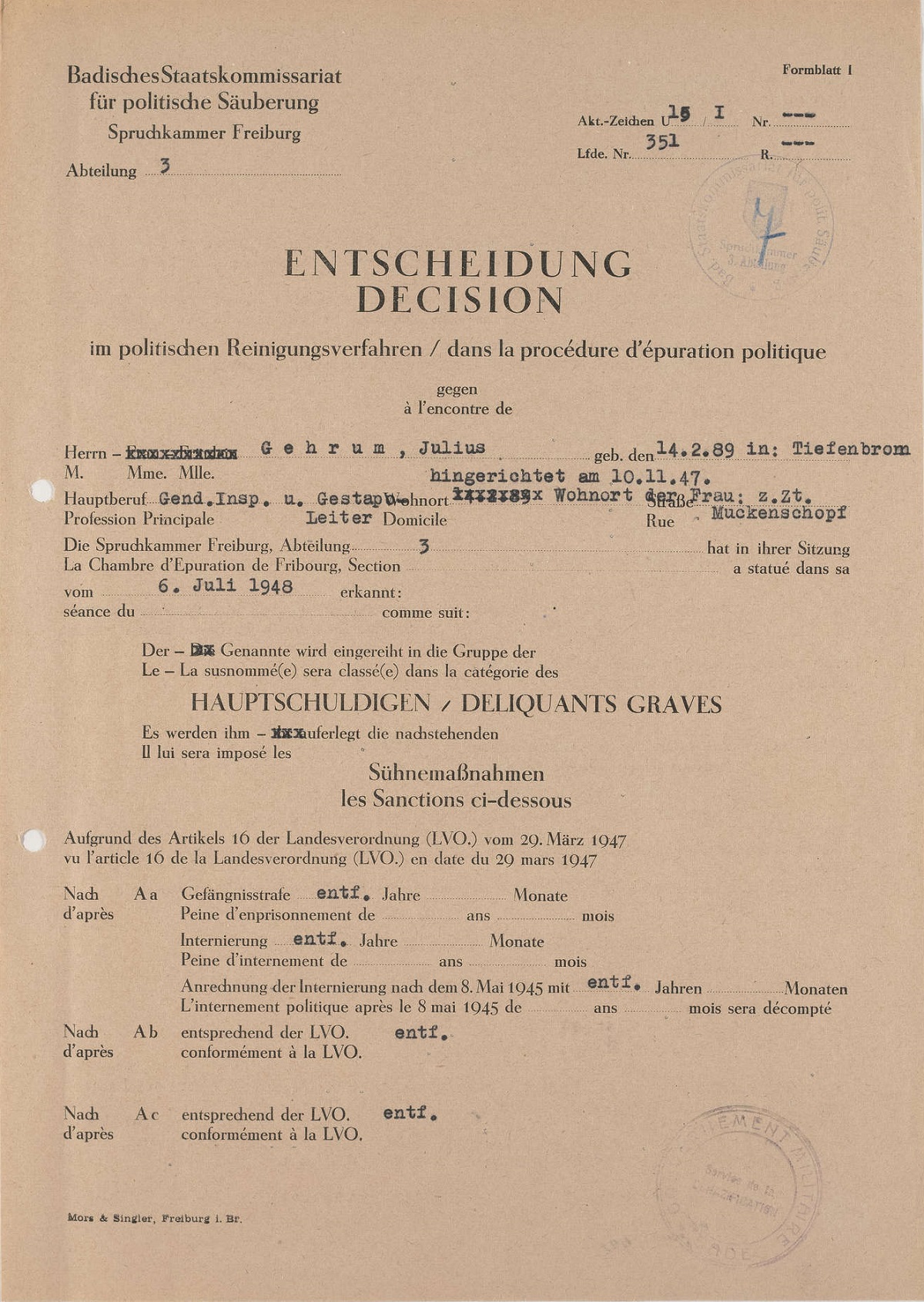 Entscheidung der Spruchkammer Freiburg im politischen Reinigungsverfahren Julius Gehrum, Bild 1