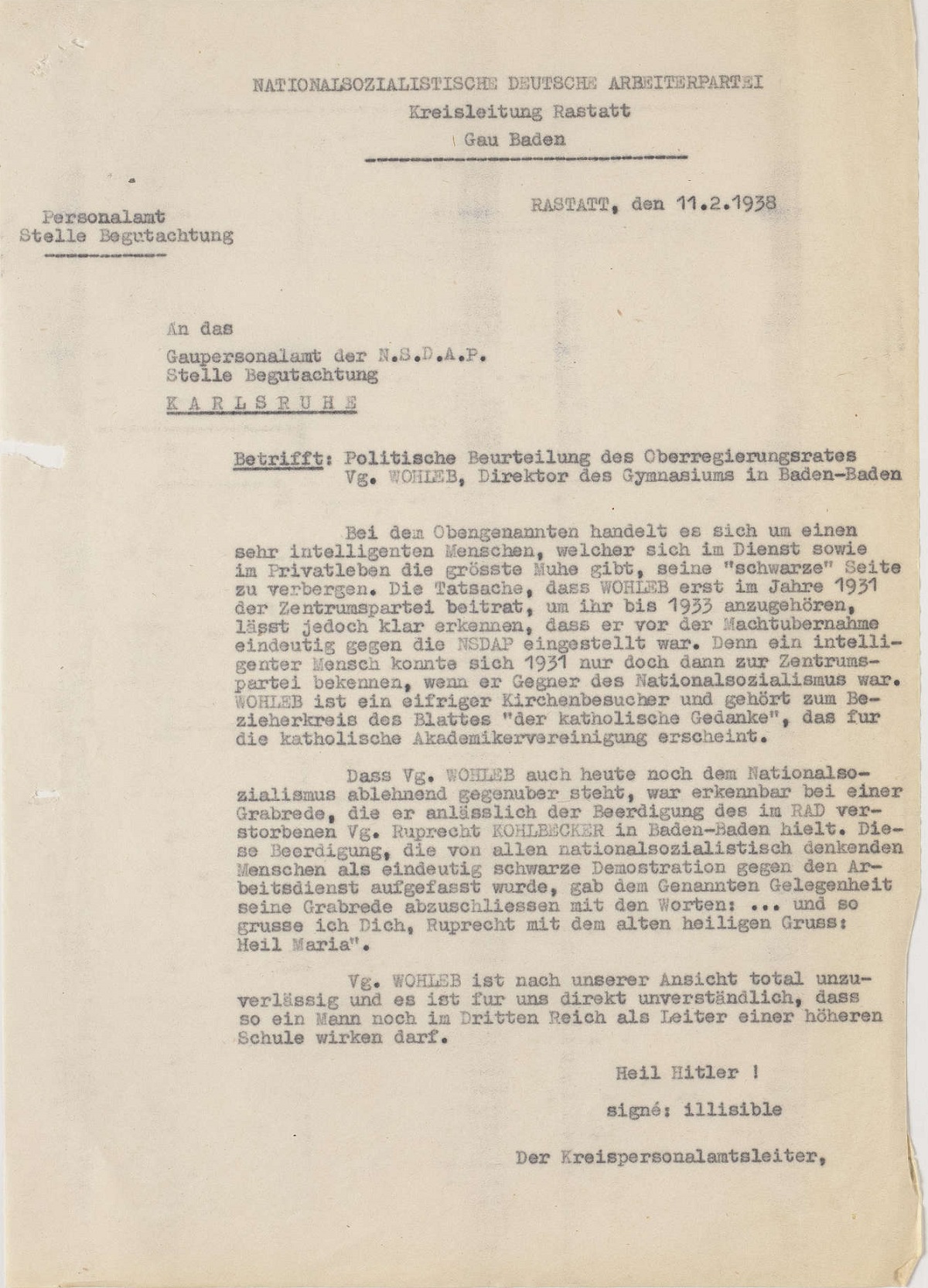 Politische Beurteilung des späteren Staatspräsidenten Leo Wohlebs durch die NSDAP