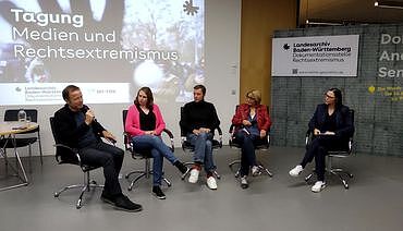 Foto (farbig) der Podiumsdiskussion bei der Tagung 'Medien und Rechtsextremismus'. Die fünf Teilnehmenden sitzen nebeneinander auf Stühlen; von links nach rechts Georg Restle, Ann-Katrin Müller, Holger Stark, Susanne Stiefel und Caroline Walter. Georg Restle hat ein Mikrofon in der Hand.