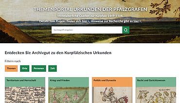 Ausschnitt aus Screenshot des Themenportals Urkunden der Pfalzgrafen. Oben Suchleiste; mittig Filterung nach Themen, Orten, Personen oder Zeit möglich; unten Aufzählung der Themen mit Bildern.