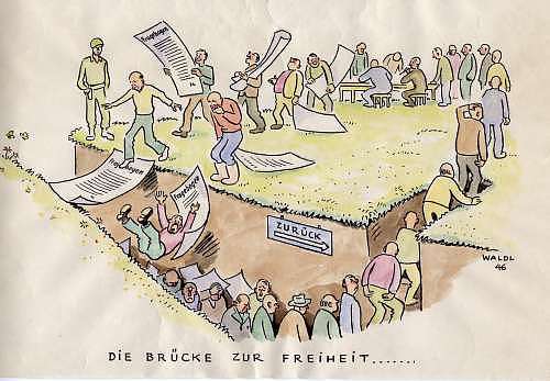 Zeitgenössische Karikatur zur Entnazifizierung.