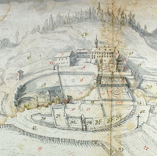 Plan der Klosteranlage Gorheim mit umliegenden Besitzungen, um 1769 (Signatur: Staatsarchiv Sigmaringen FAS DS 1 T 1-5 R 75,308) 