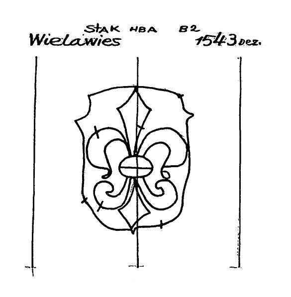 Wasserzeichen "Lilie –  Im Wappenschild –  Ohne Beizeichen, Wielawies, 1543"