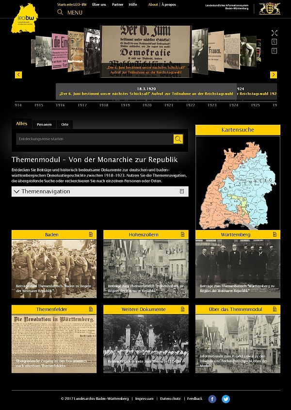 Startseite des Themenmoduls Von der Monarchie zur Republik in LEO-BW, Vorlage: Landesarchiv Baden-Württemberg