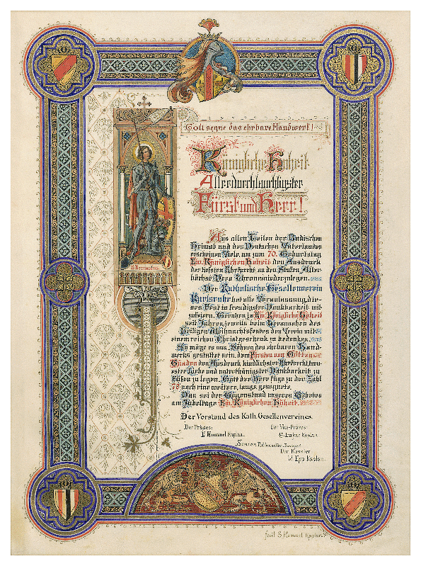 Huldigungsadresse des Katholischen Gesellenvereins Karlsruhe zum 70. Geburtstag und 40. Thronjubiläum Großherzog Friedrichs I. 1896. GLA Karlsruhe 69 Baden, Sammlung 1995 D Nr. 367.

