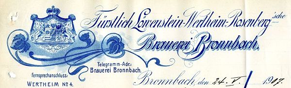 Briefkopf der Brauerei Bronnbach aus dem Jahr 1907 (Vorlage: Staatsarchiv Wertheim StAWt-R Lit. B Nr. 6194/22)
