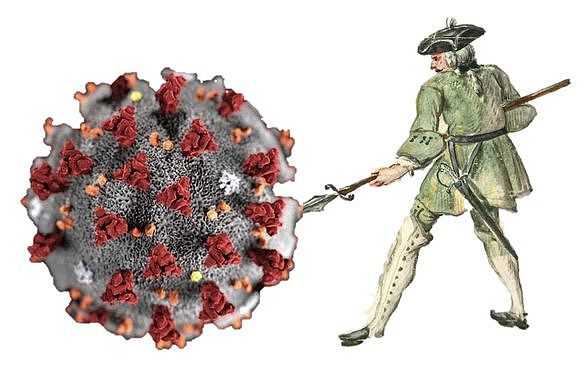 Barocker Jäger jagt das Corona-Virus, Fotomontage unter Verwendung eines Motivs aus dem Dokument Staatsarchiv Sigmaringen Sa T 2 U 5 (Vorlage: Dr. Volker Trugenberger)