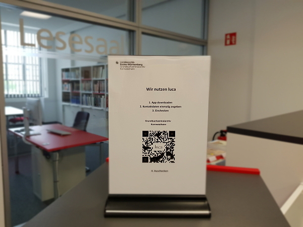 QR-Code der Luca-App im Lesesaal des Grundbuchzentralarchivs