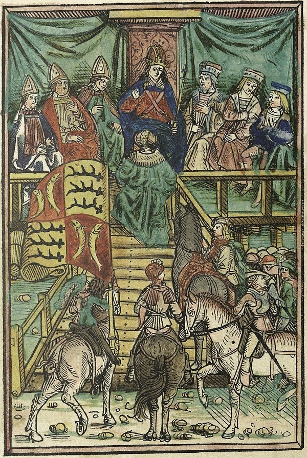 Die Belehnung Eberhards im Bart, Hans Burgkmaier d. Ä., 1493, Kolorierter Titelholzschnitt aus Jodocus Pfl anzmann: Corpus iuris civilis / Libri feudorum, UB Tübingen He 16.4