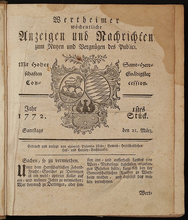 Erste Wertheimer Zeitung vom 21. März 1772 (Ausschnitt)
(Vorlage: LABW StAWt S-S 17 Nr. 1) 