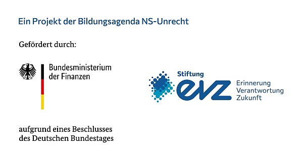 Schülerakademie Karlsruhe; Projekt NS-Unrecht; Logos der Förderer; Bundesministerium der Finanzen; EVZ; UN-Recht; 600x316px