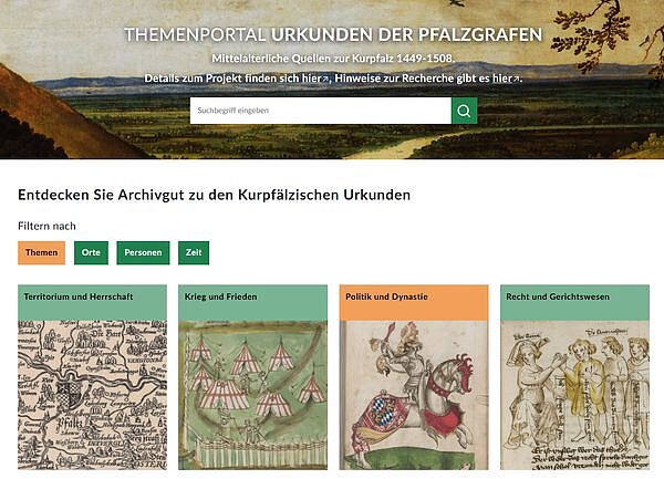 Screenshot des Themenportals Urkunden der Pfalzgrafen. Oben Suchleiste; mittig Filterung nach Themen, Orten, Personen oder Zeit möglich; unten Aufzählung der Themen mit Bildern.