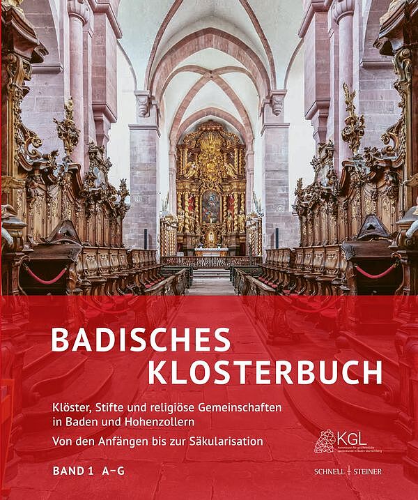 Cover des Badischen Klosterbuchs. Im Hintergrund Farbfoto des Innenraums einer Kirche. Der untere Teil ist mit leicht transparenter roter Farbe bedeckt, darauf in Weiß die Worte: Badisches Klosterbuch. Klöster, Stifte und religiöse Gemeinschaften in Baden und Hohenzollern. Von den Anfängen bis zur Säkularisation. Band 1 A-G. In der rechten unteren Ecke in Weiß die Logos der Kommission für geschichtliche Landeskunde in Baden-Württemberg und des Verlags Schnell & Steiner.