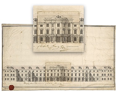 Zu sehen ist eine Zeichnung des Residenzschlosses Ludwigsburg.