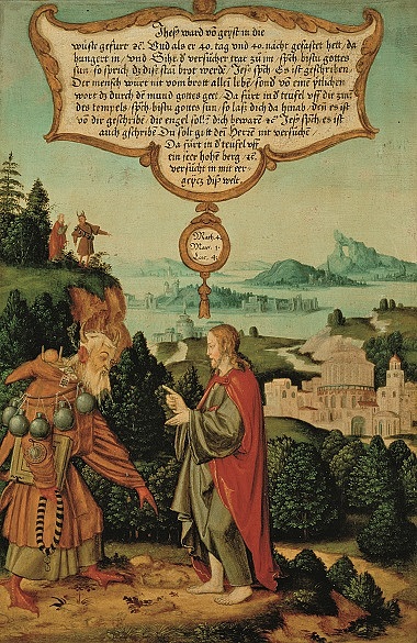 Auf dem gemälde ist mittig ein Mann in Roben zu sehen, der mit dem Teufel spticht und dabei seine Hände hebt. Im Hintergrund sind Landschaften, Städte und Felsen zu sehen.