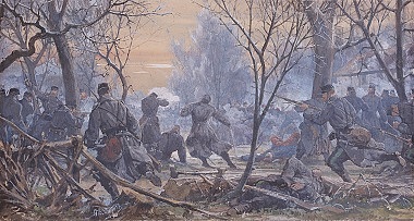 Abgebildet ist eine Kriegsszene. In einem Wald schießen Soldaten mit gewähren aufeinander. Vorne rechtsliegt ein bewegungsloser Soldat. Andere fallen im Augenblick. 