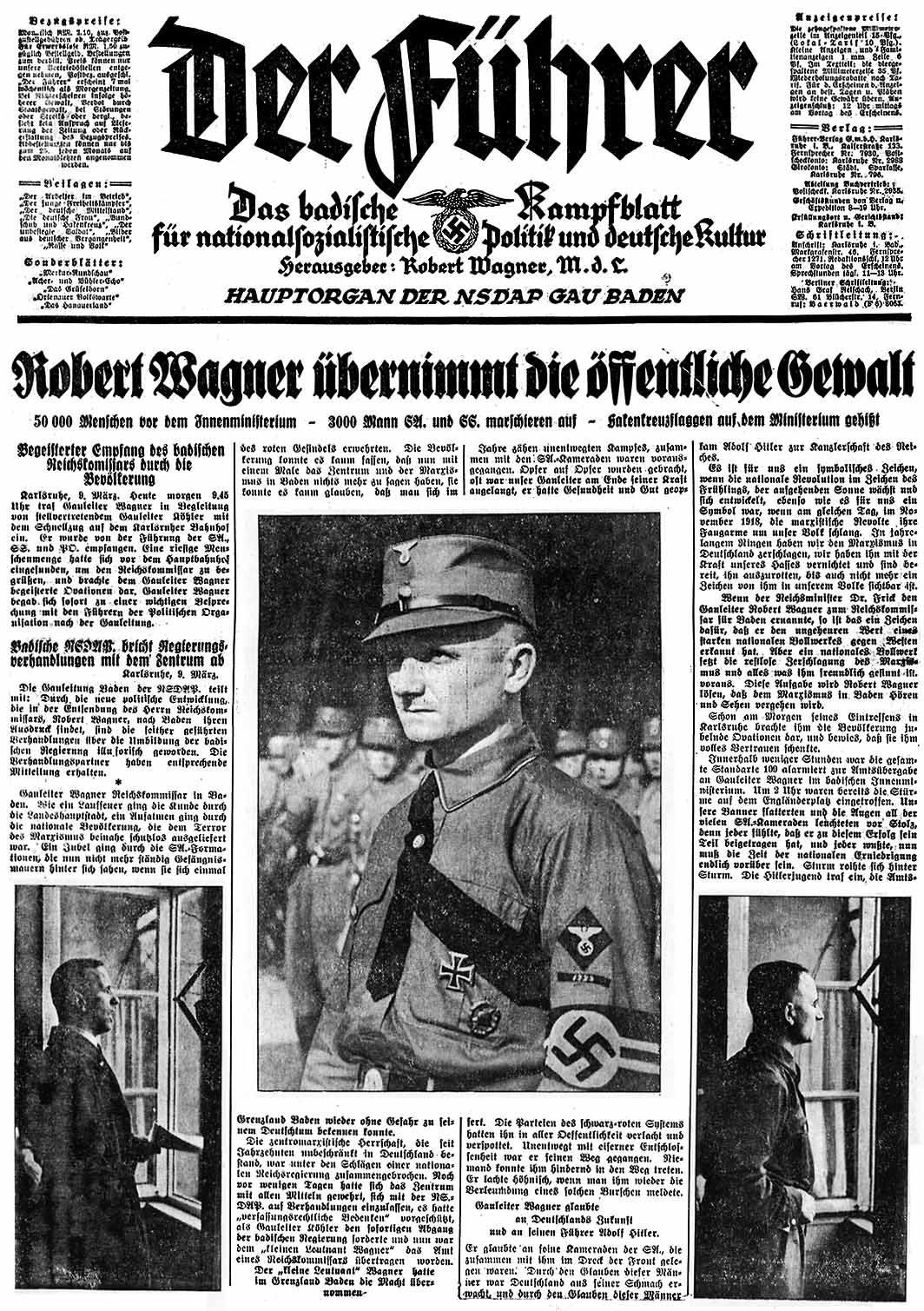 Titelseite Der Badischen Ns Zeitung Der Fuhrer Vom 10 3 1933