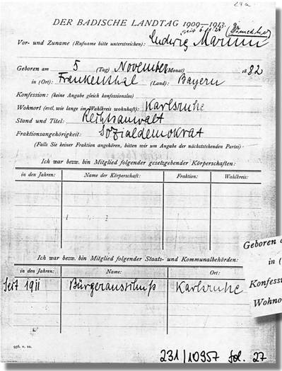 Auszug aus dem Personalbogen des Badischen Landtags
Generallandesarchiv Karlsruhe 231/10957