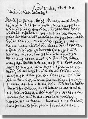 "Ich lehne es deshalb ab, freiwillig die Heimat zu verlassen. Wenn sie mich ausweisen wollen, so mögen sie es tun." Ludwig Marum, 27. April 1933
Stadtarchiv Mannheim, Dokumentation des Widerstandes 1489 (Kopie)