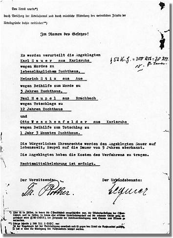 Urteil und Bilder aus der Prozessakte gegen die Mörder
Generallandesarchiv Karlsruhe 309/4807 Urteil und Bilder aus der Prozessakte gegen die Mörder
Generallandesarchiv Karlsruhe 309/4807